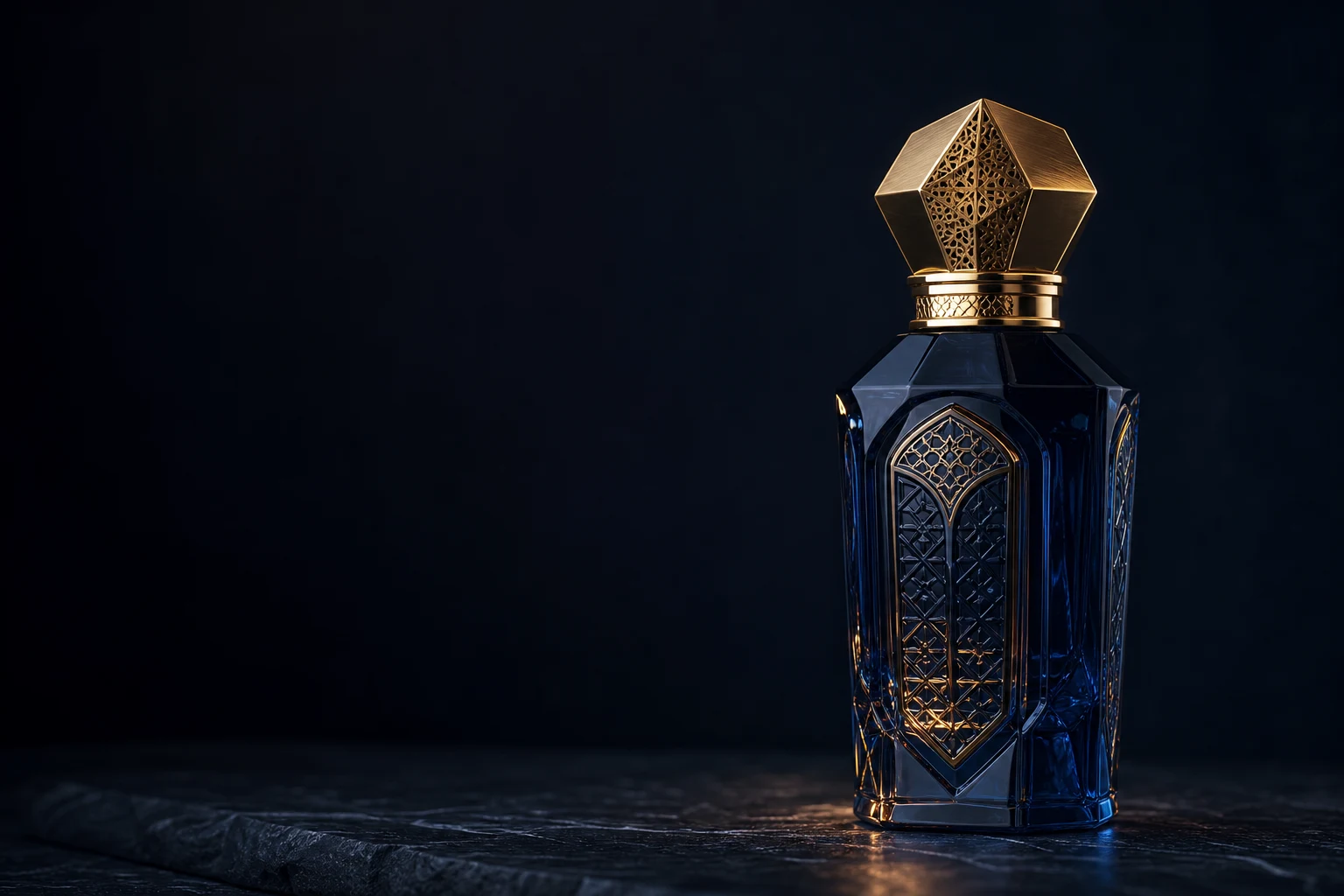 Sculptural midnight-blue Arabic fragrance bottle