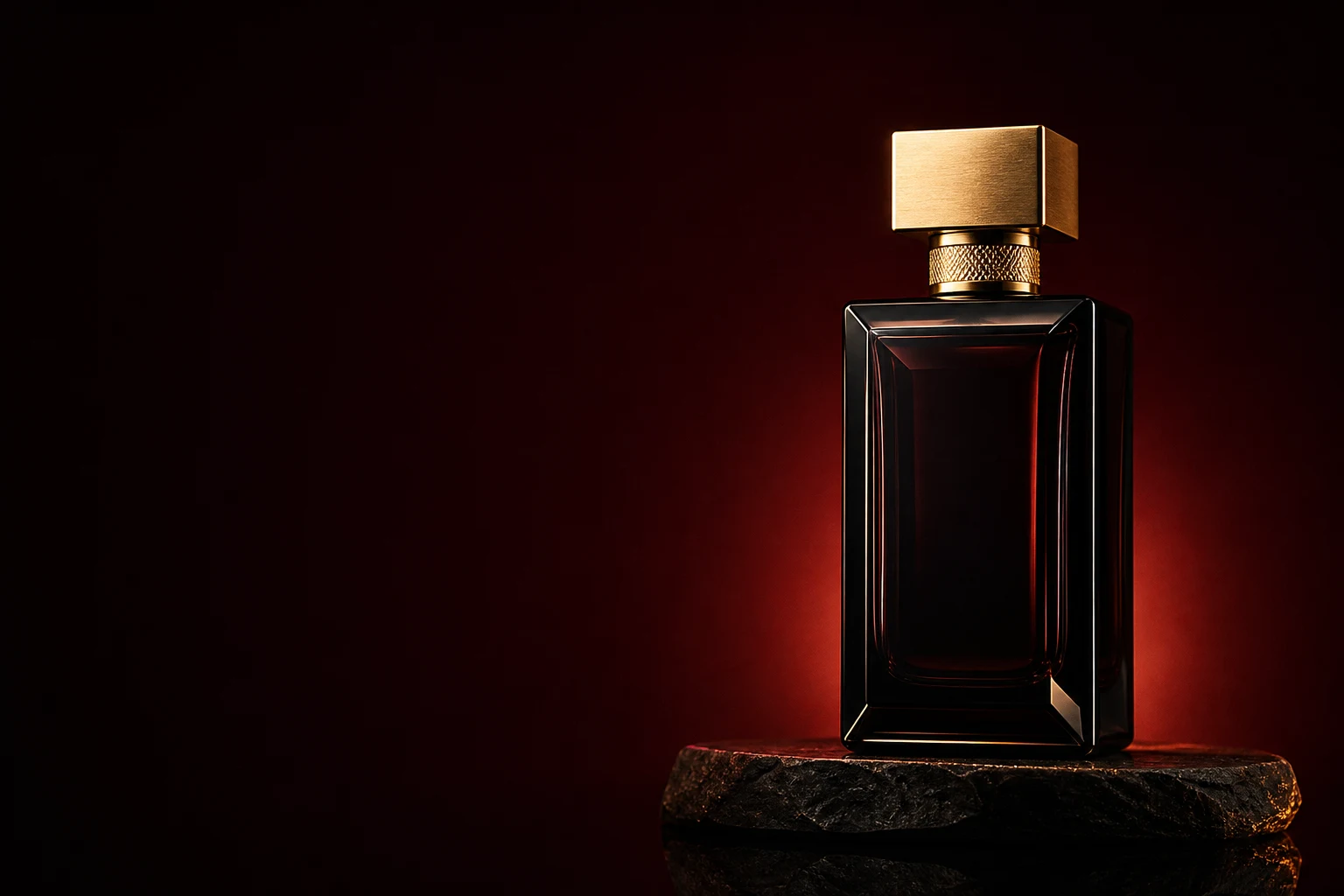 Dark glass fragrance bottle with gold detailing